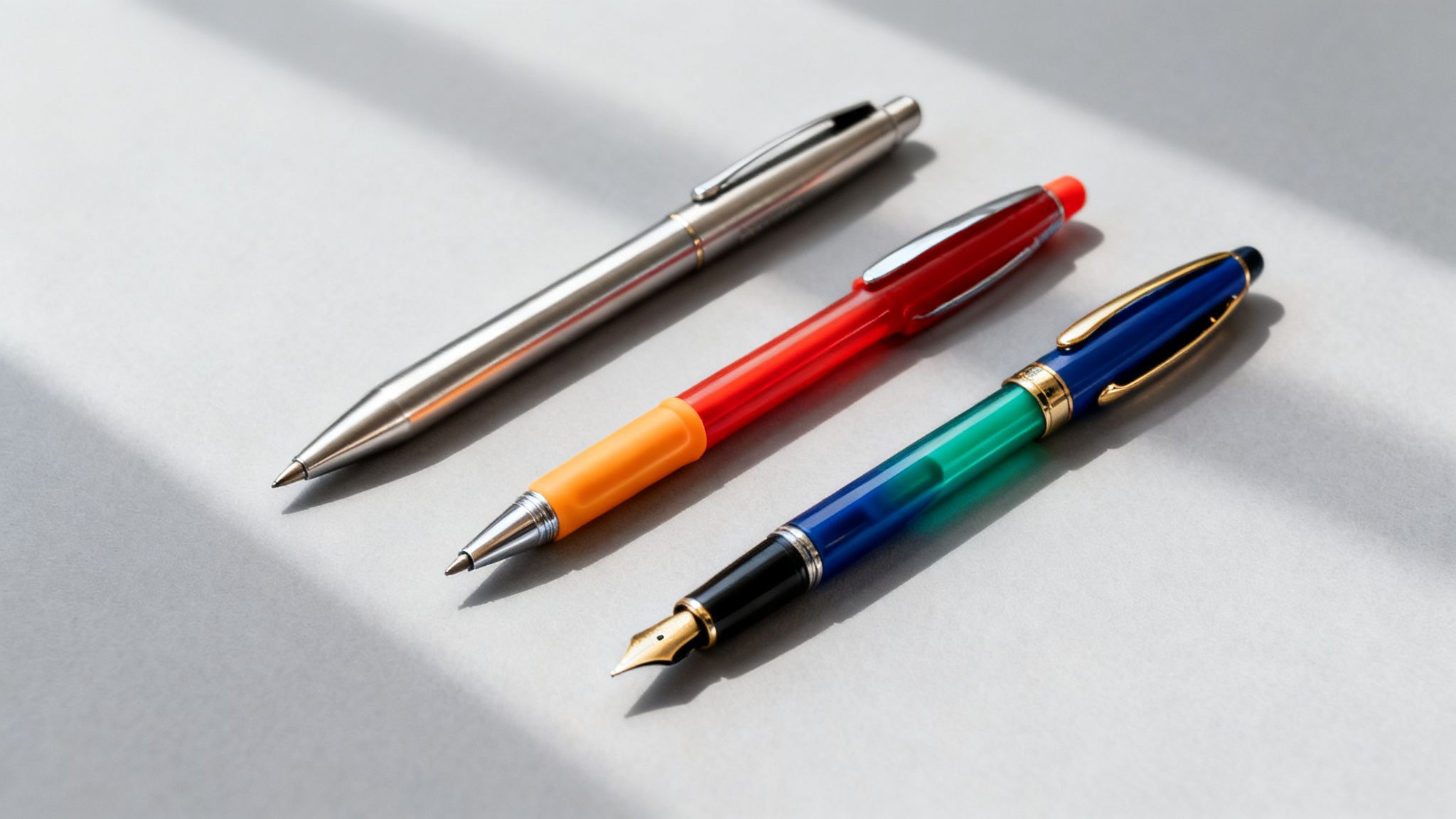 Three diverse pens: a silver ballpoint, a red and orange mechanical pencil, and a blue and green fountain pen lie on a grey surface.