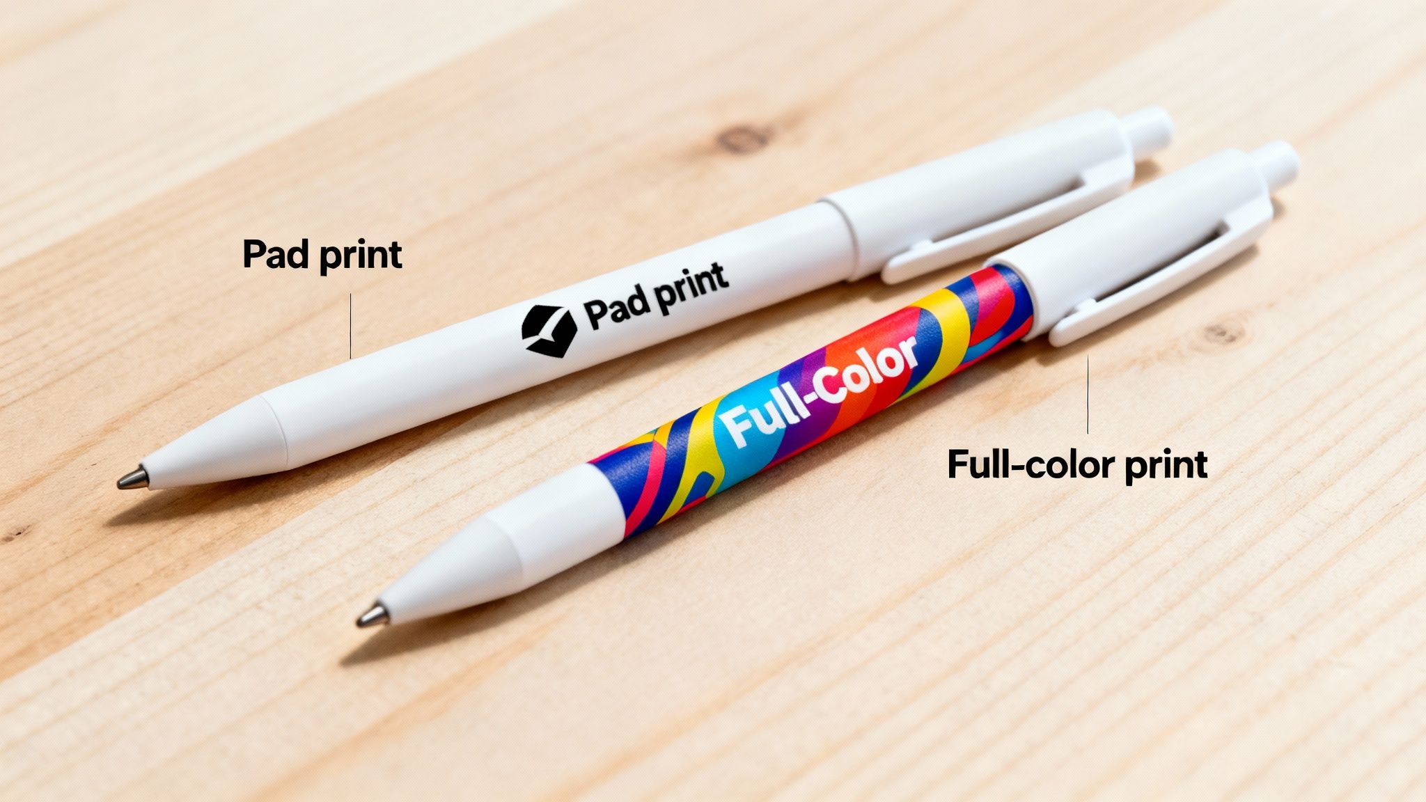 Two white promotional pens on wood, showcasing pad print with a logo and full-color print.