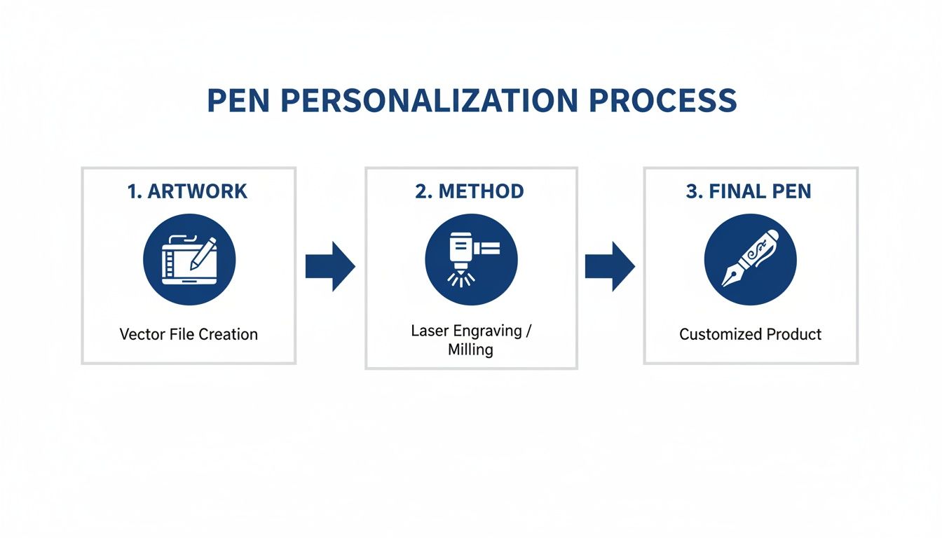Infographic detailing the three-step pen personalization process: artwork creation, engraving method, and customized final pen.