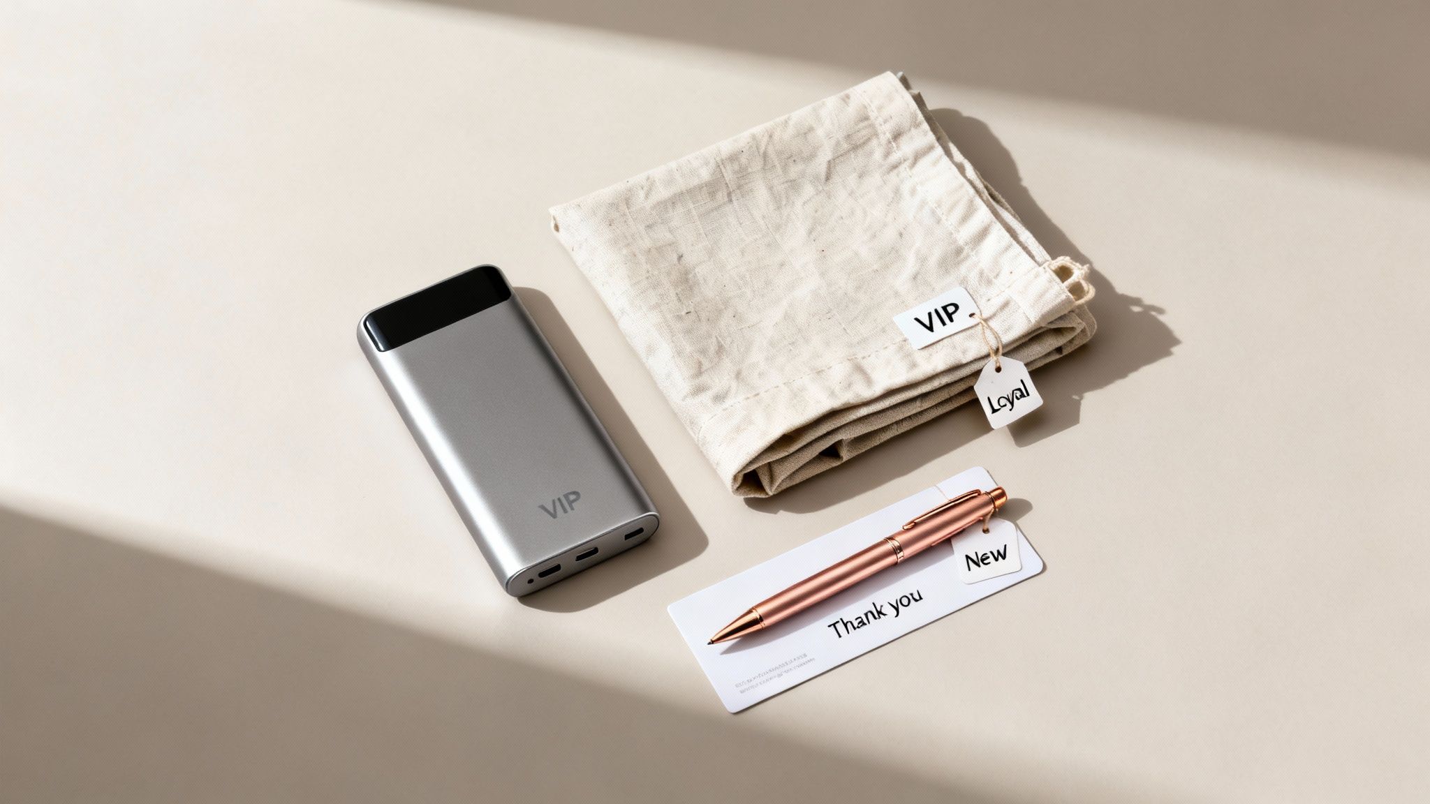 A flat lay of customer appreciation gifts including a VIP power bank, a loyal VIP pouch, a thank you card, and a pen.