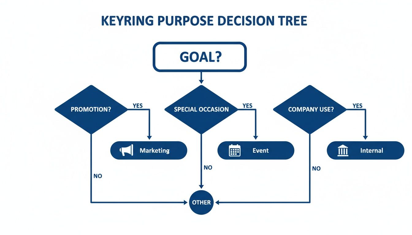 A decision tree for keyring purpose, guiding users to choose between marketing, event, internal, or other goals.