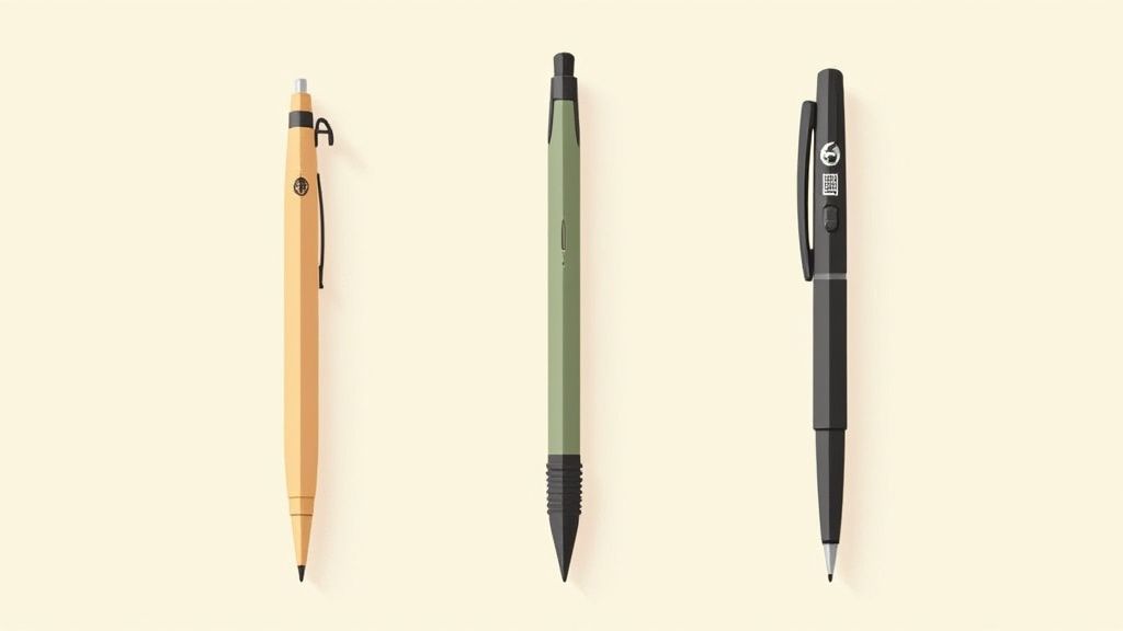 A collection of modern, eco-friendly, and tech-integrated promotional pens.