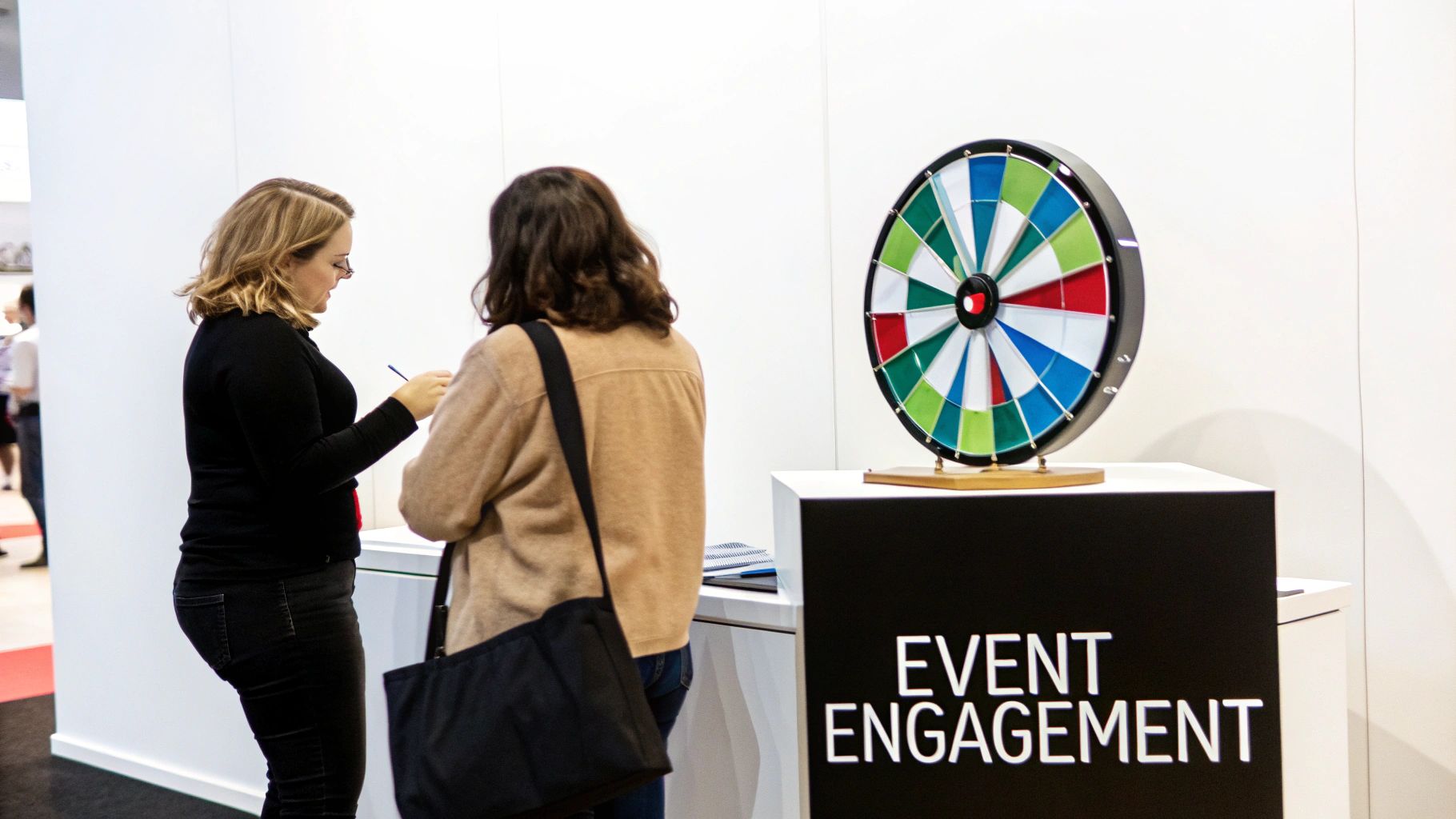 A busy trade show booth with staff interacting with attendees, featuring branded giveaways and displays.