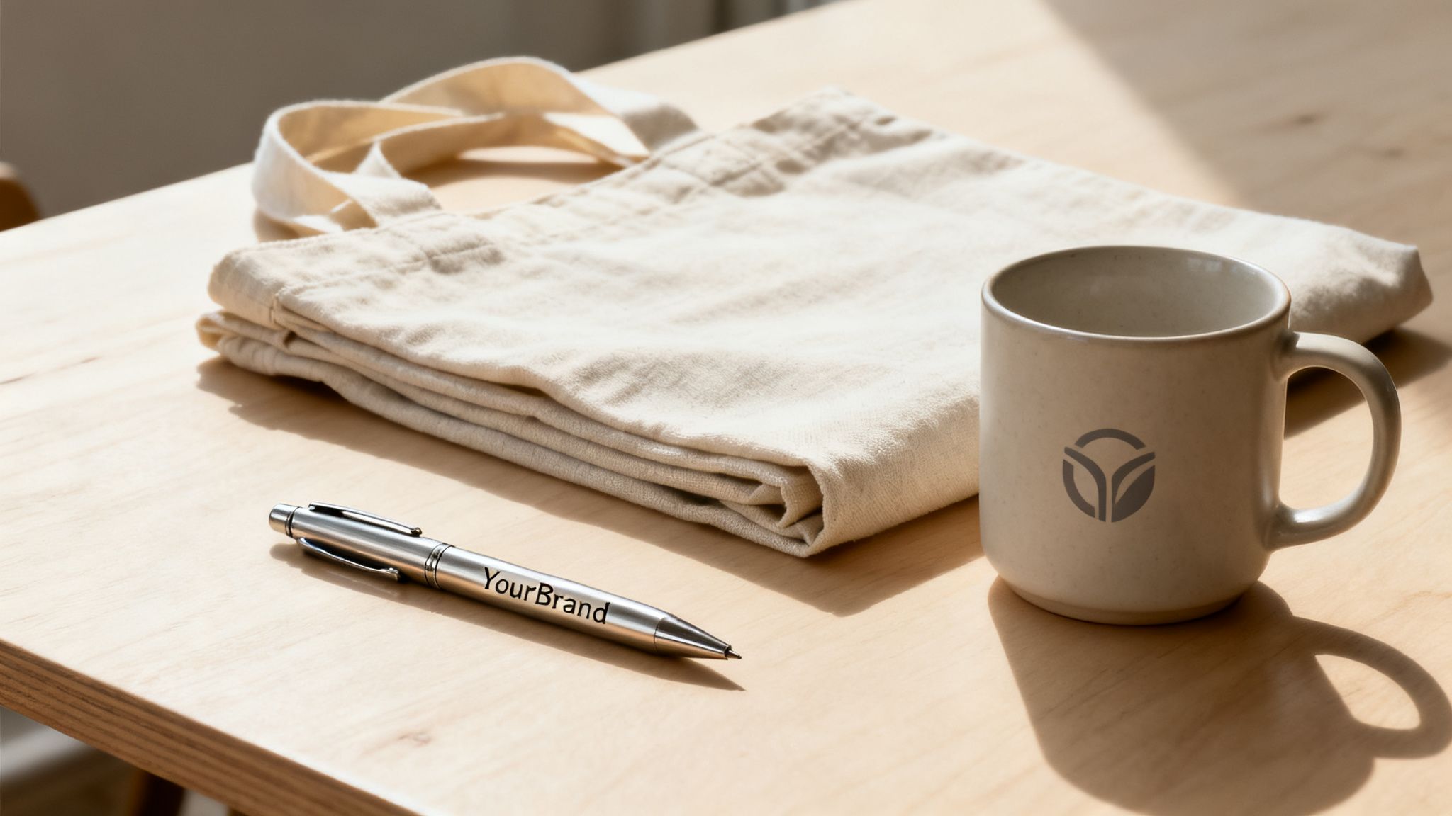 A beige tote bag, mug with a logo, and a pen with 'YourBrand' sit on a wooden table.