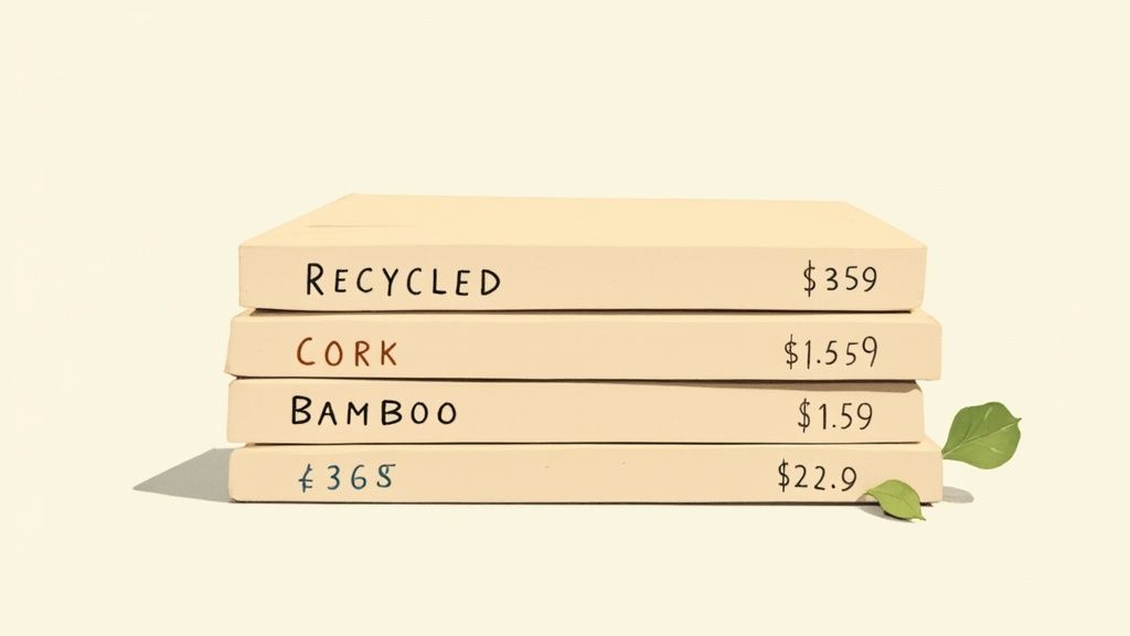 A stack of eco-friendly notebooks with logos, featuring recycled paper and cork covers.