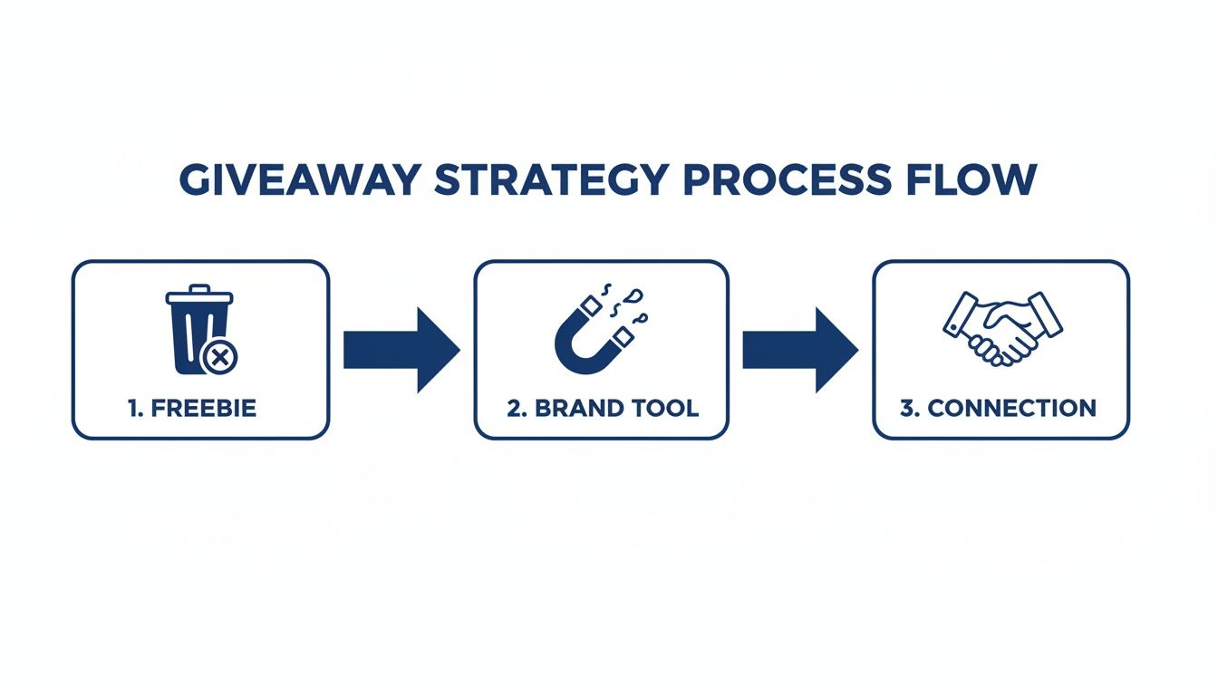 Flowchart illustrating a giveaway strategy process: freebie, brand tool, and connection.