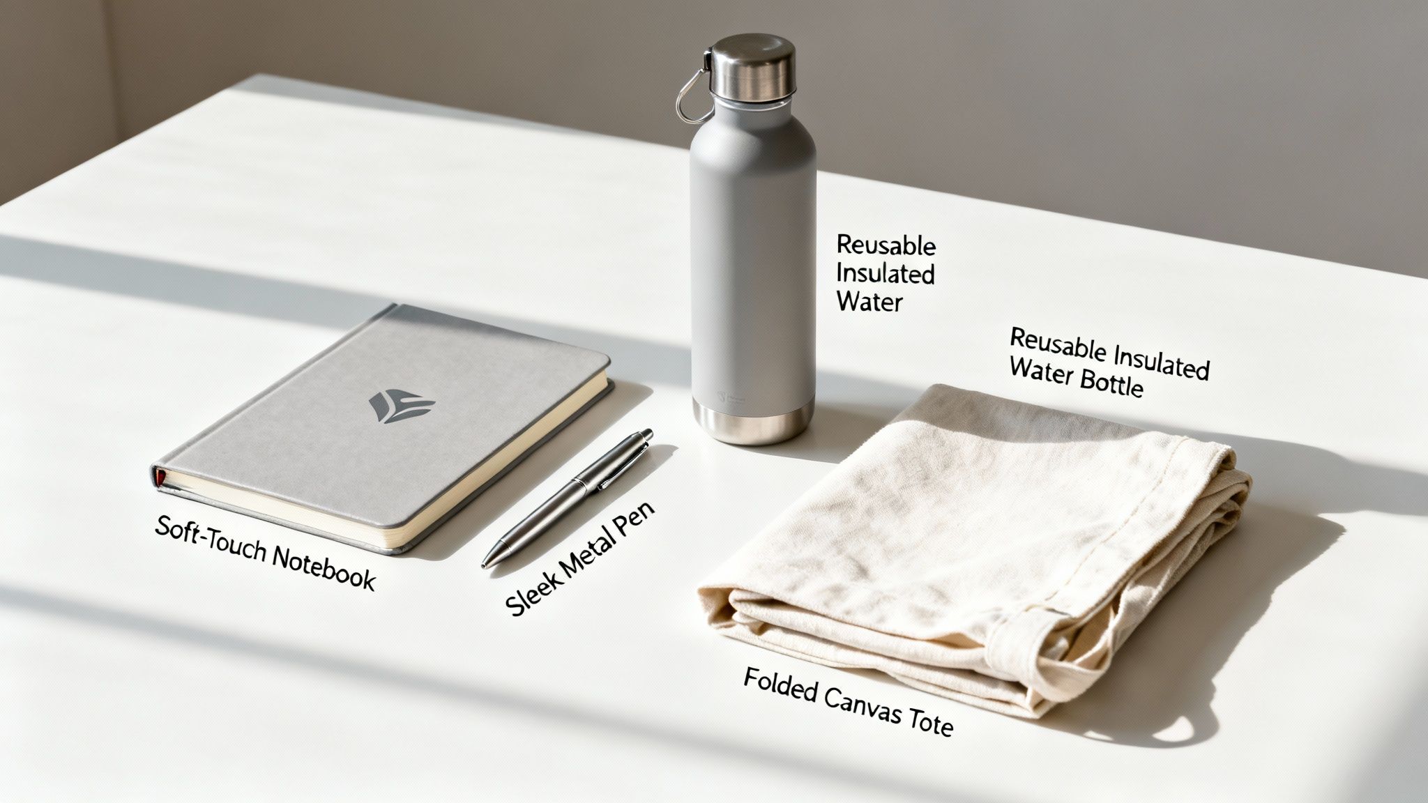A flat lay of practical everyday items: a grey notebook, a metal pen, an insulated water bottle, and a canvas tote bag.