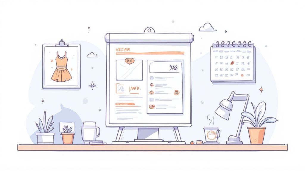 A designer reviewing branding options for promotional products on a computer.