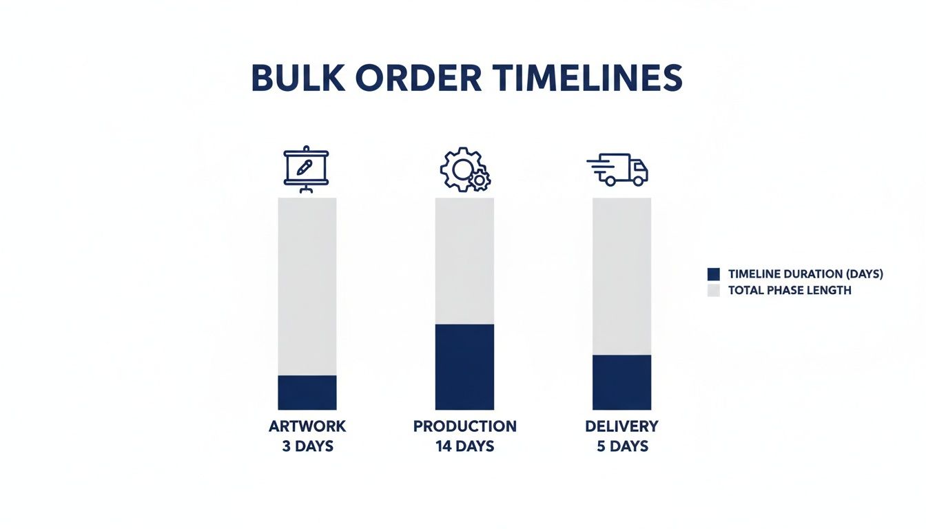 Bar chart illustrating bulk order timelines with phases for artwork, production, and delivery.