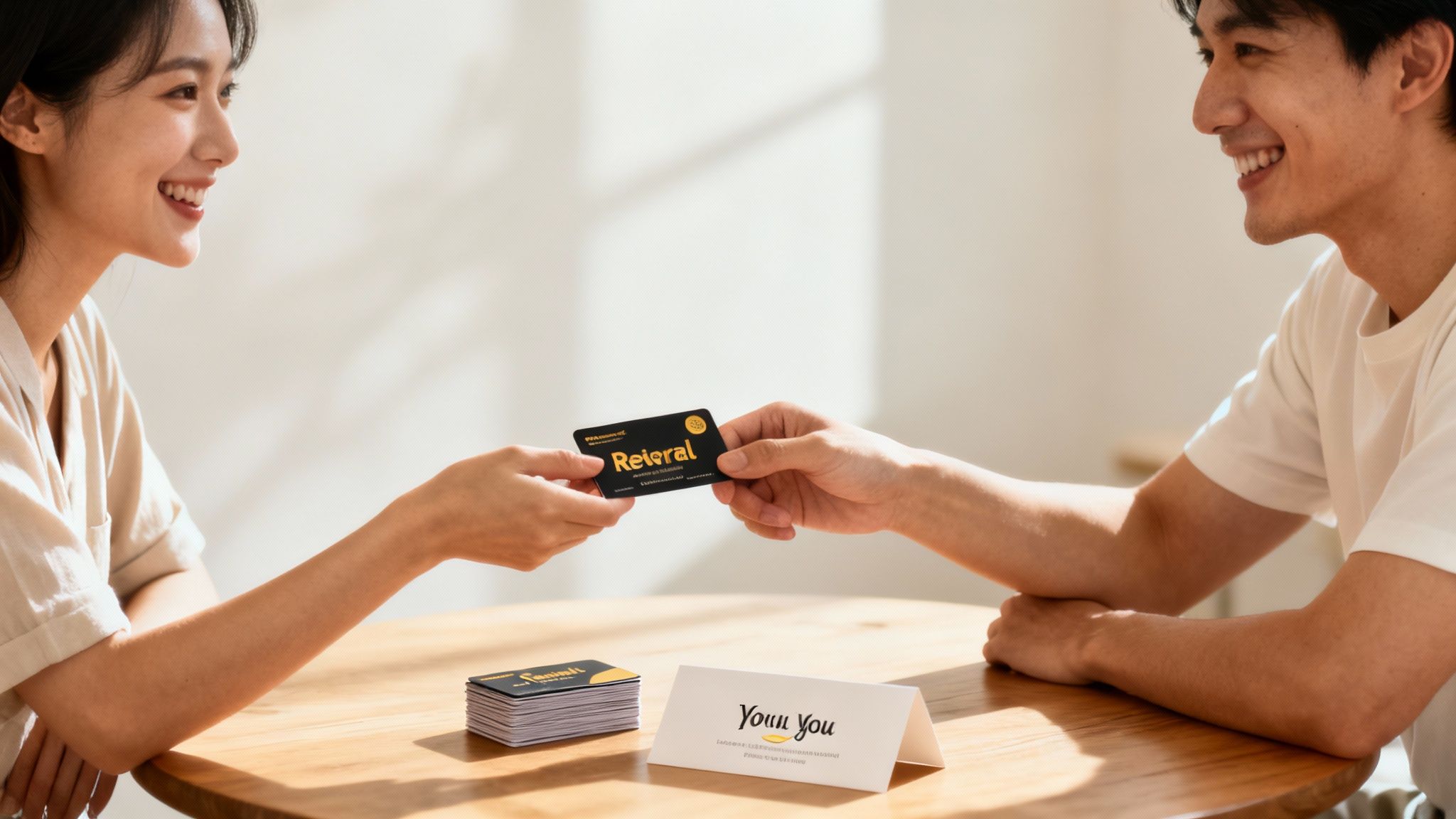 Two smiling people exchanging a black referral card at a wooden table, showing customer interaction.