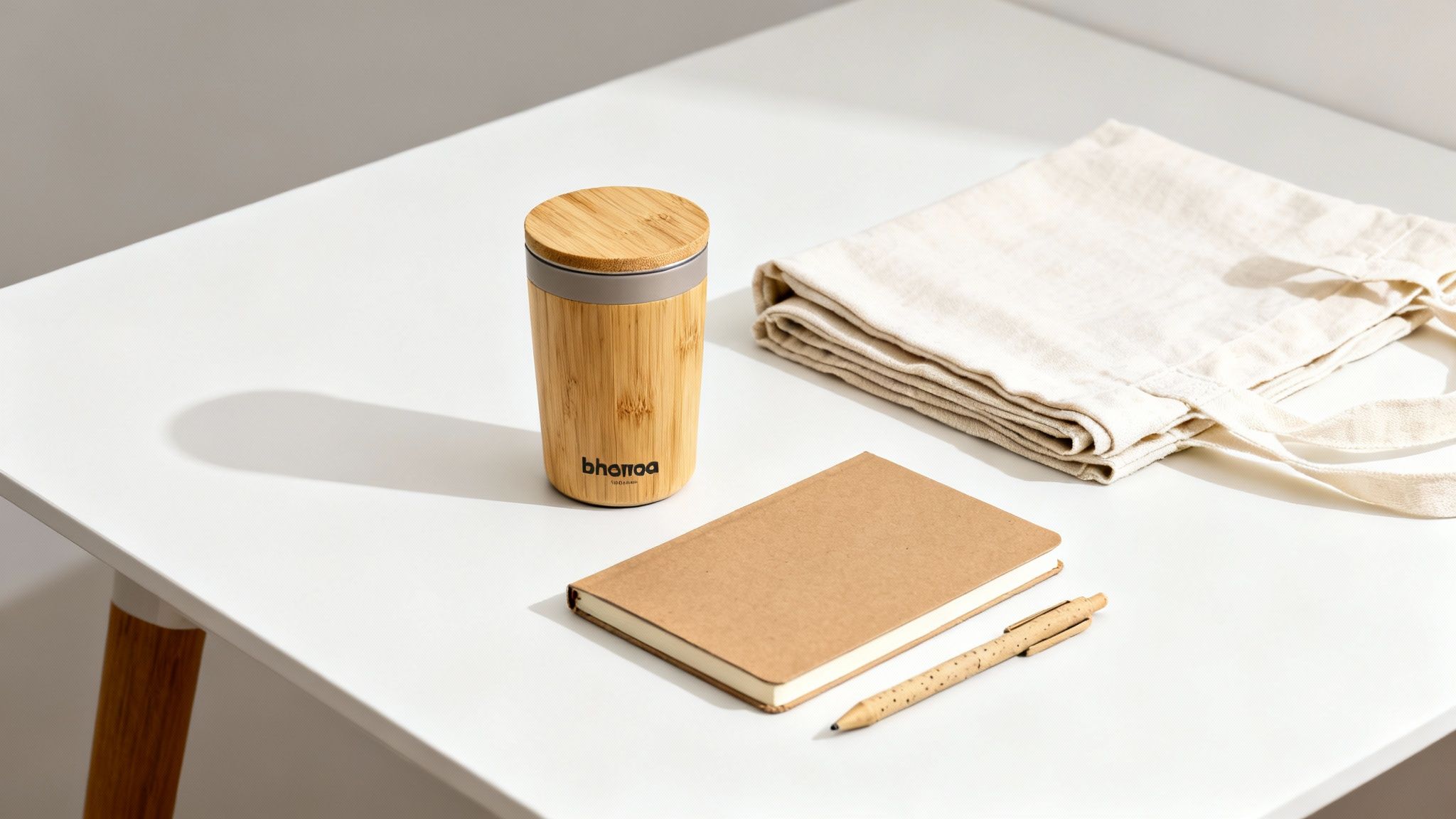 A bamboo travel mug, folded tote bag, notebook, and pen on a white table, promoting eco-friendly products.