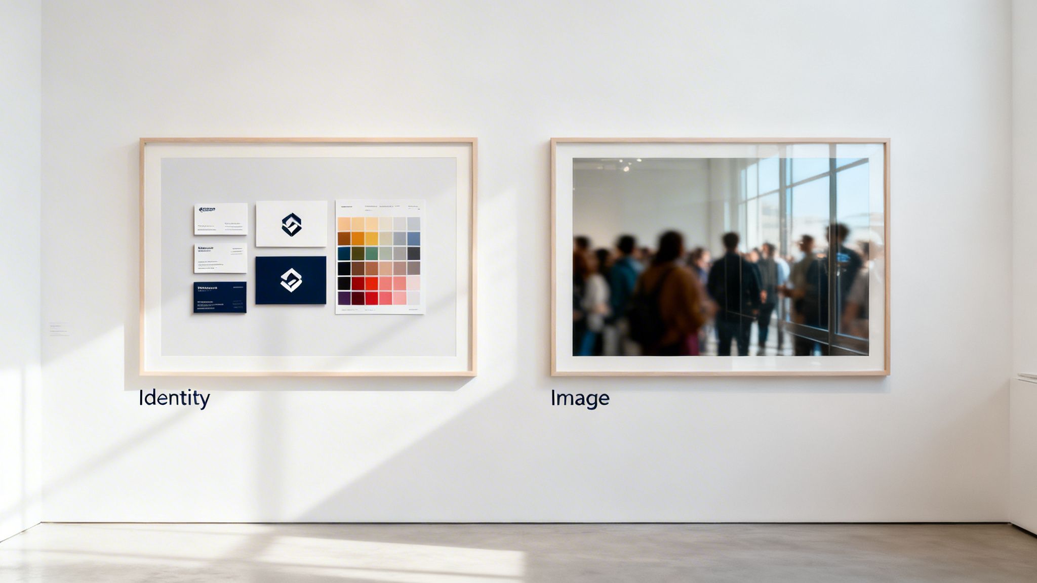 Two framed artworks on a white gallery wall, showcasing brand identity elements and a blurred image.