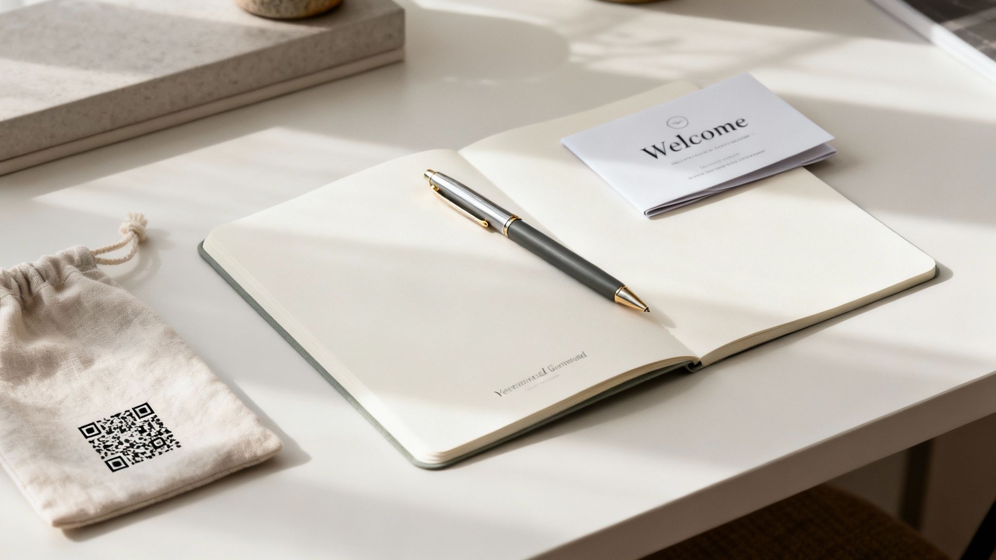 A personalized notebook and pen set with a welcome card and QR code bag on a clean white desk.
