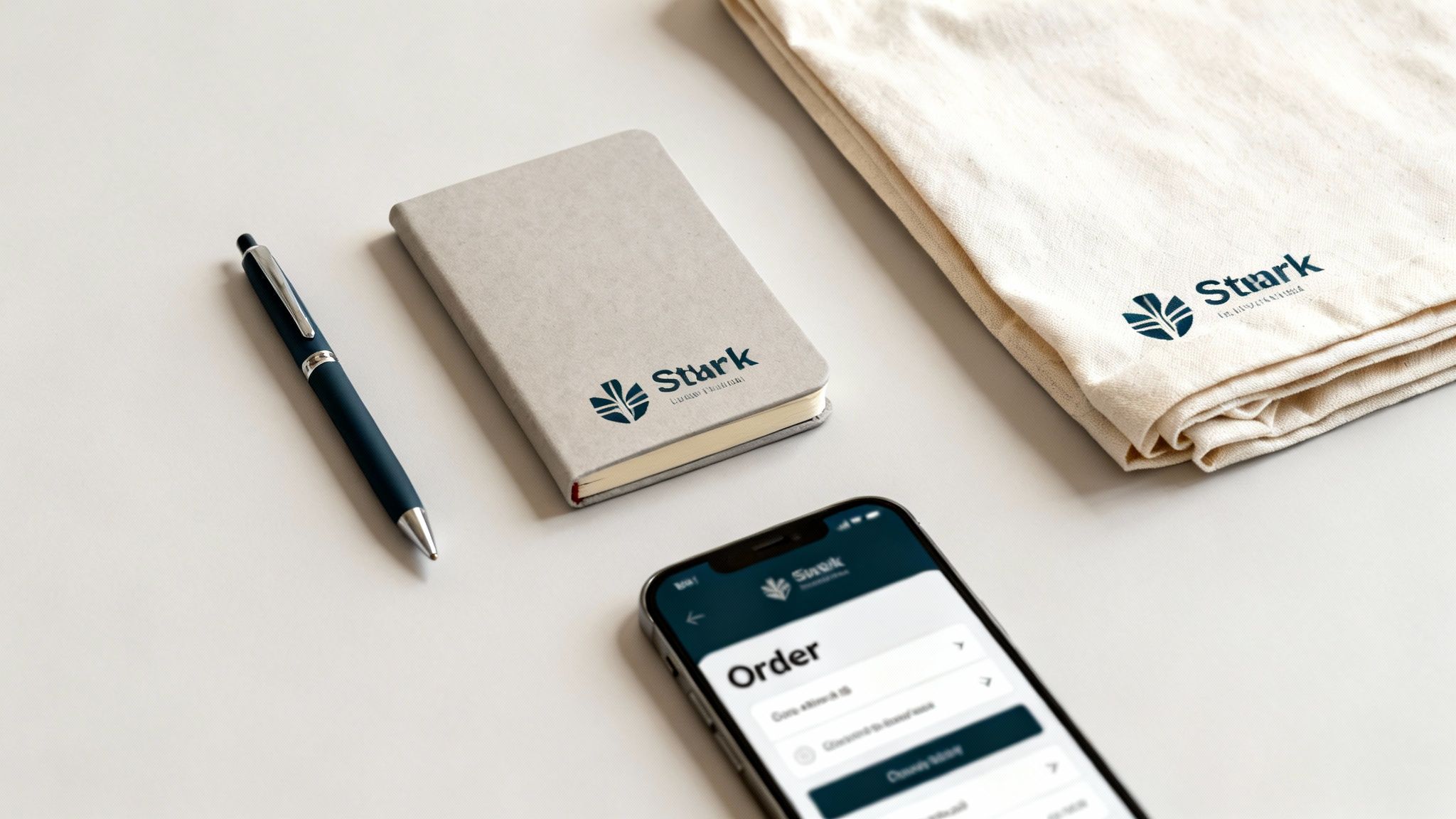 A professional flat lay of promotional products: a dark blue pen, branded notebook, branded tote bag, and a smartphone.