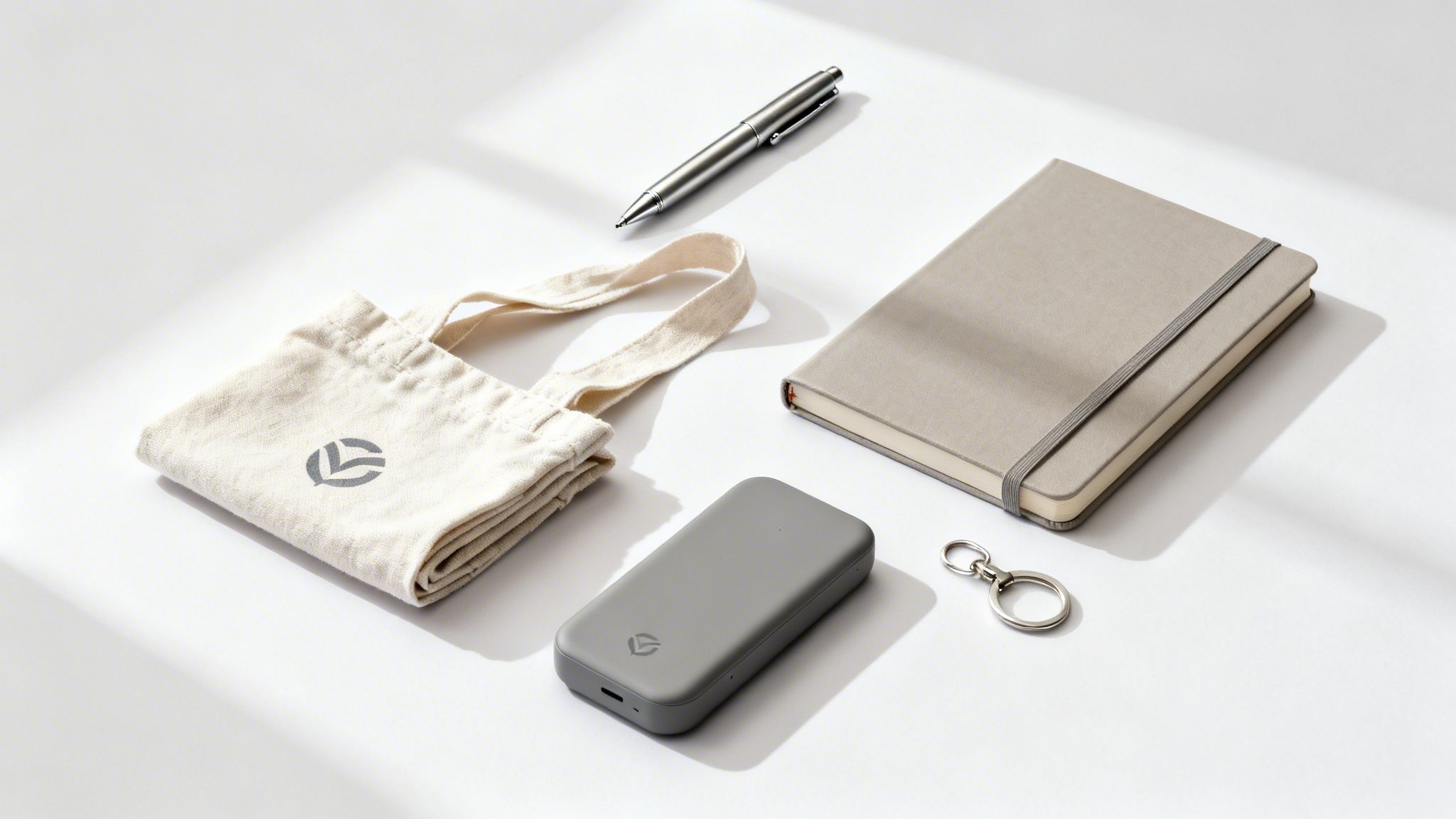 A flat lay of branded promotional merchandise including a tote bag, pen, notebook, power bank, and keychain.