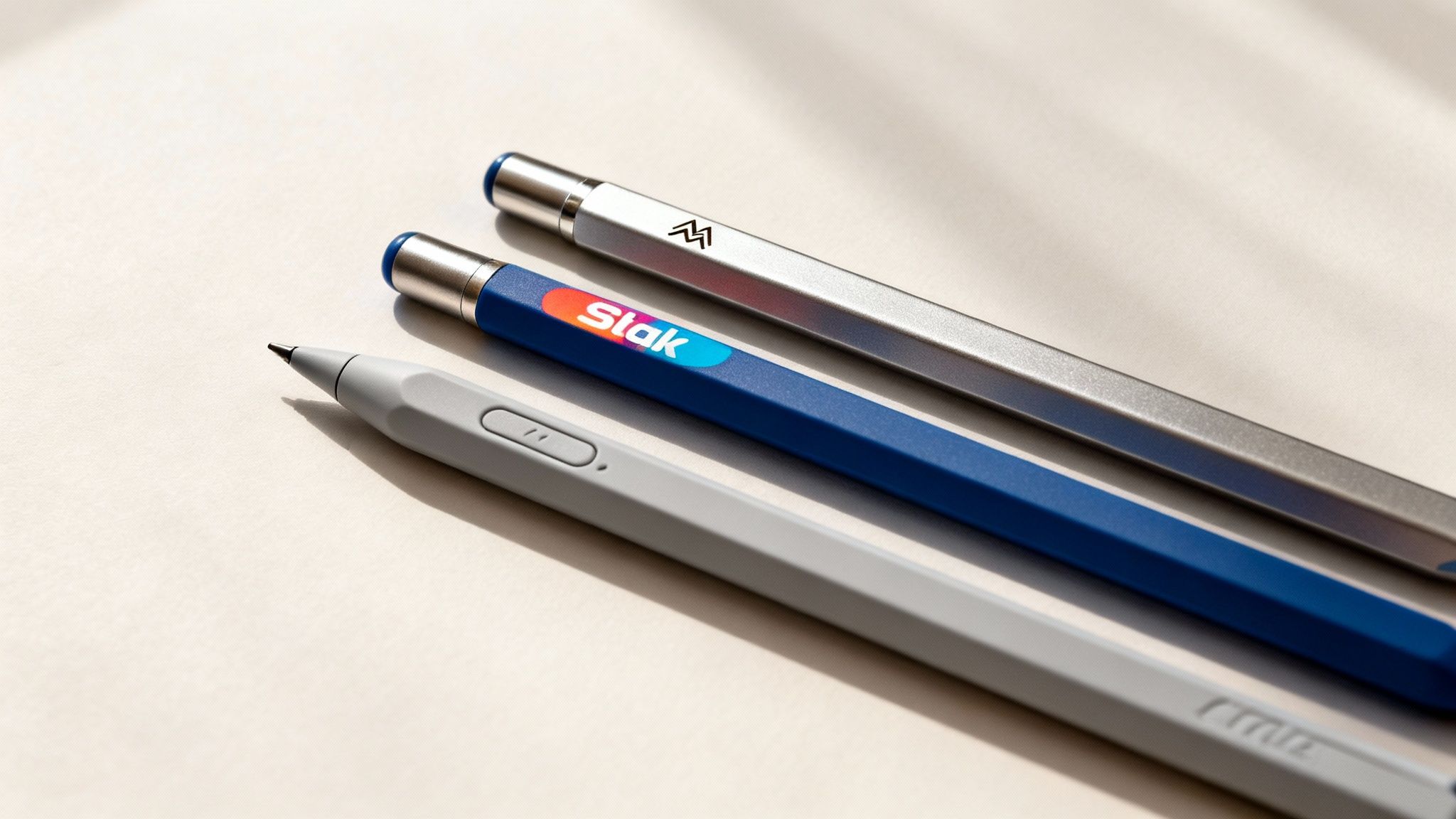 Three sleek digital styluses in silver, blue, and gray, featuring distinct logos and buttons.