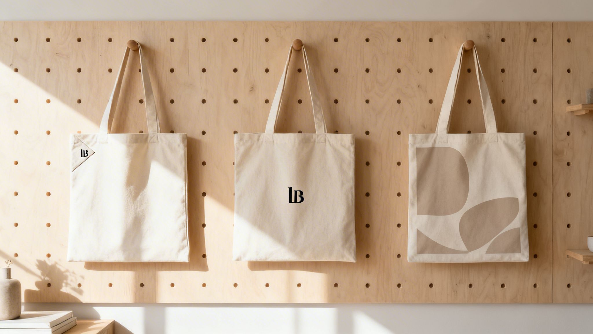 Three cream canvas tote bags with different designs hang neatly on a wooden pegboard.