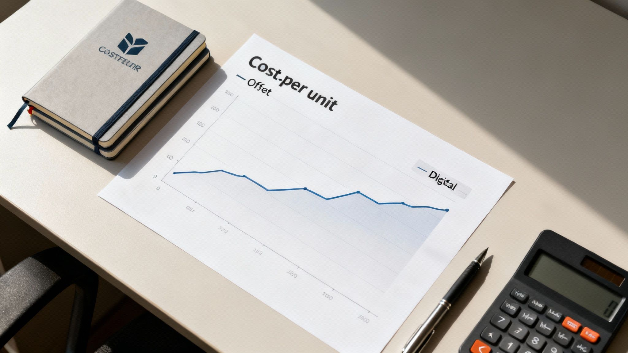Overhead view of a desk with a graph showing cost per unit for offset and digital printing, a notebook, calculator, and pen.