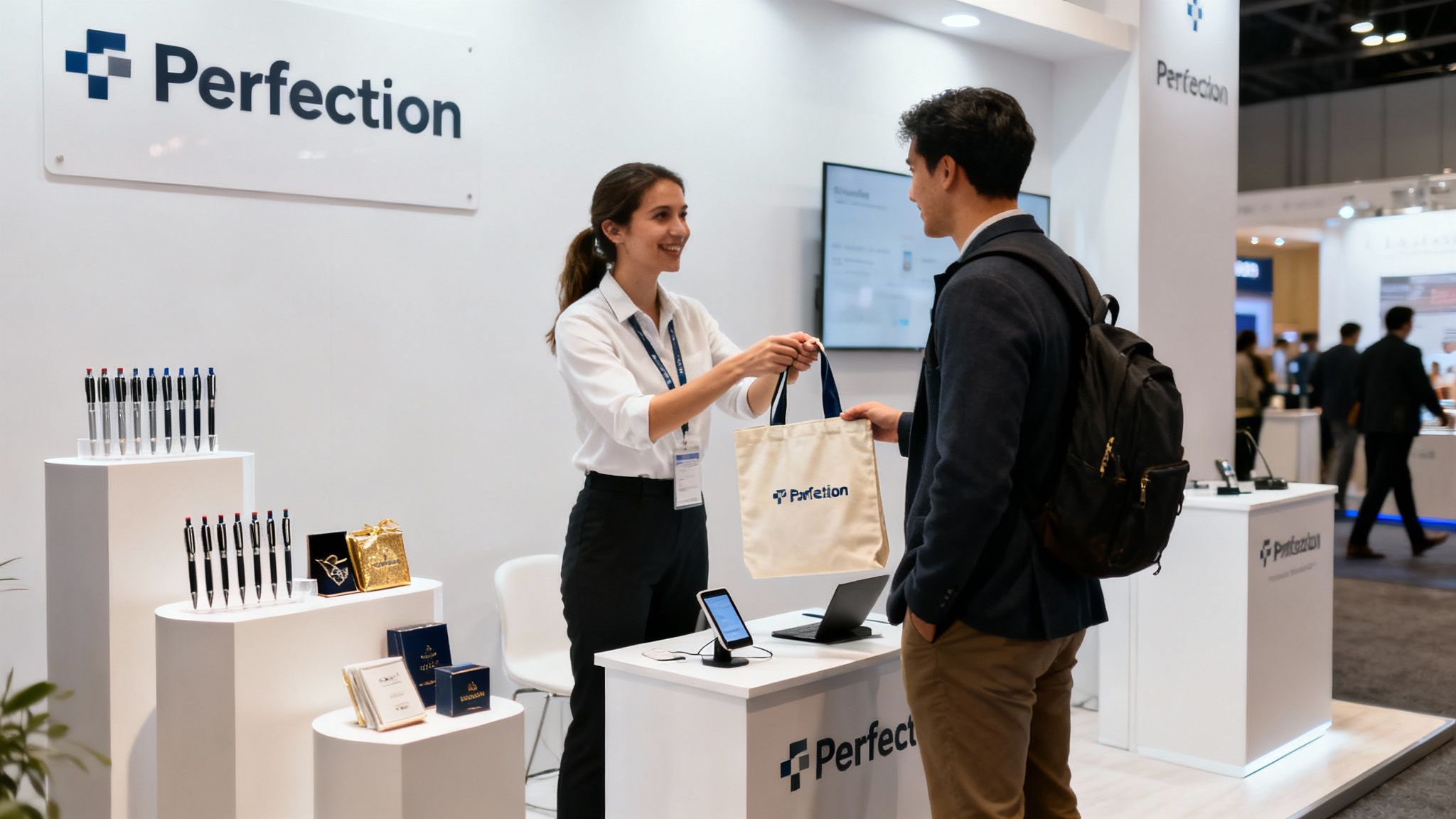 A smiling booth attendant hands a branded tote bag to an attendee at a 'Perfection' trade show booth displaying pens and gifts.