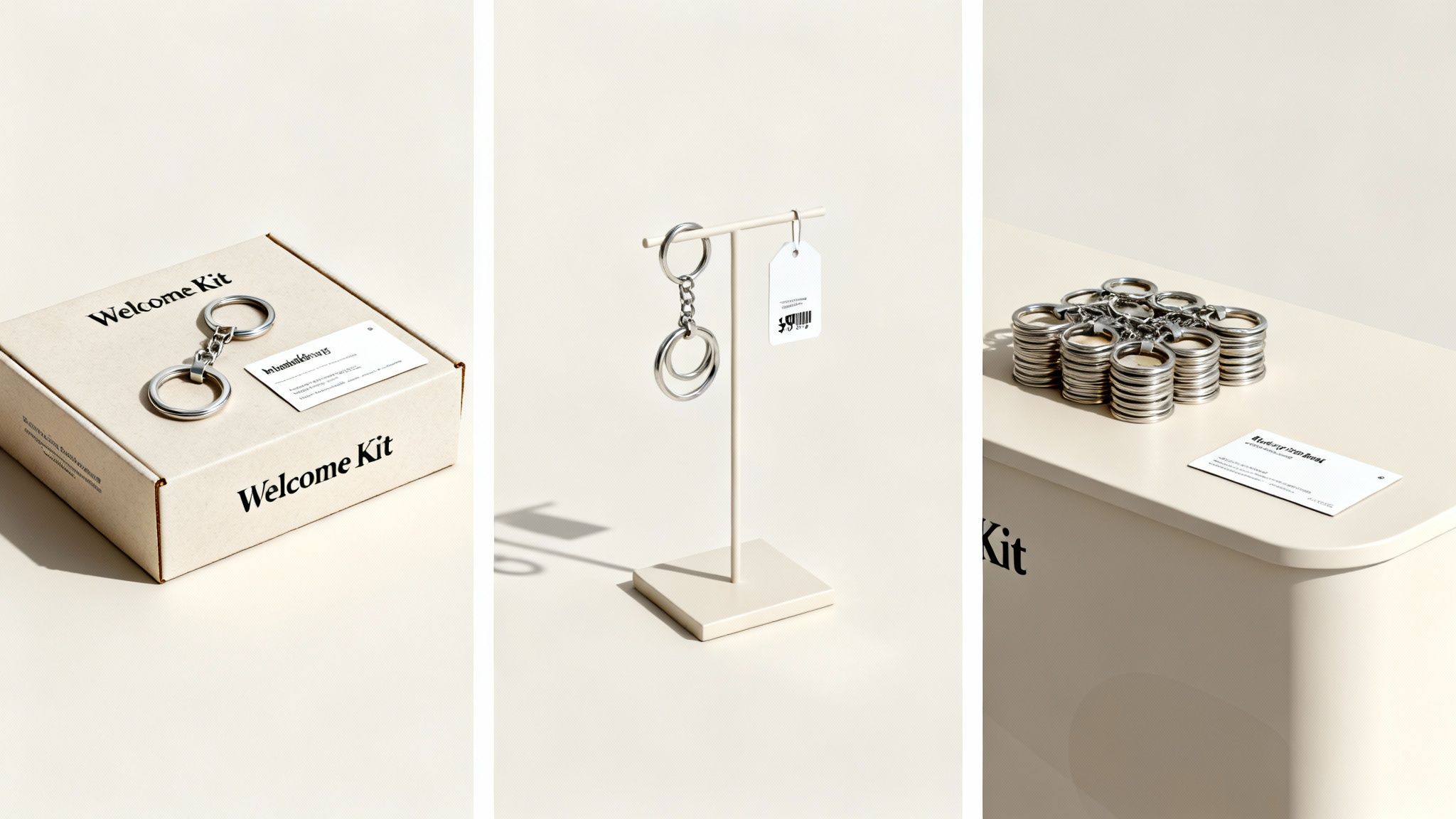 Three distinct views showcasing keyrings: a welcome kit box, a retail display, and a bulk stack.