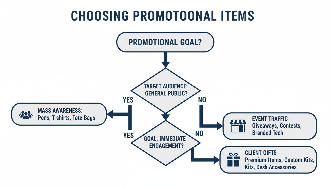 Flowchart guiding the selection of promotional items based on target audience and engagement goals.