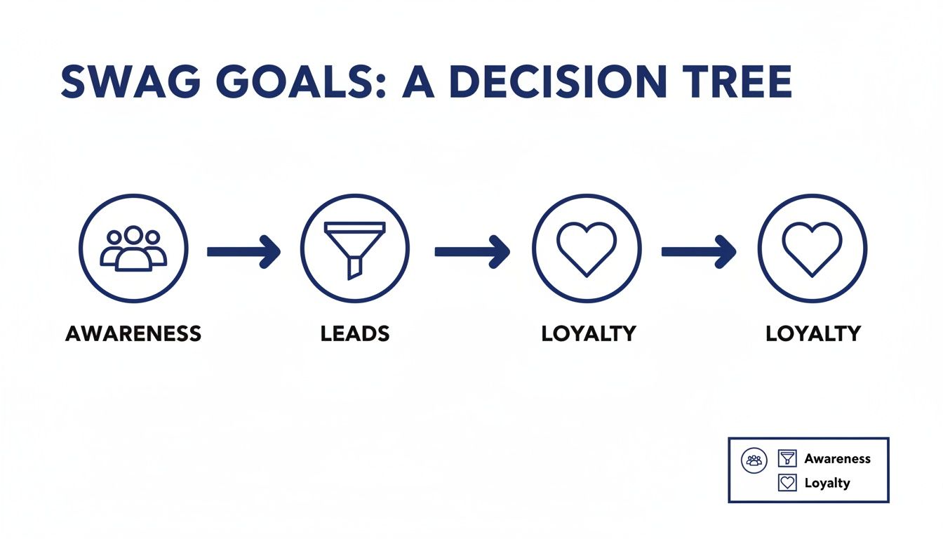 A decision tree diagram illustrates swag goals through Awareness, Leads, and Loyalty stages.