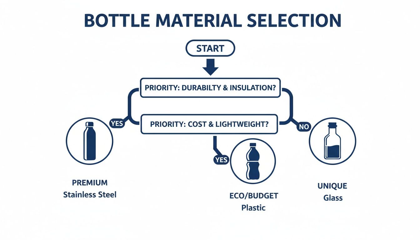 Flowchart illustrating bottle material selection based on priorities like durability, insulation, cost, and weight.