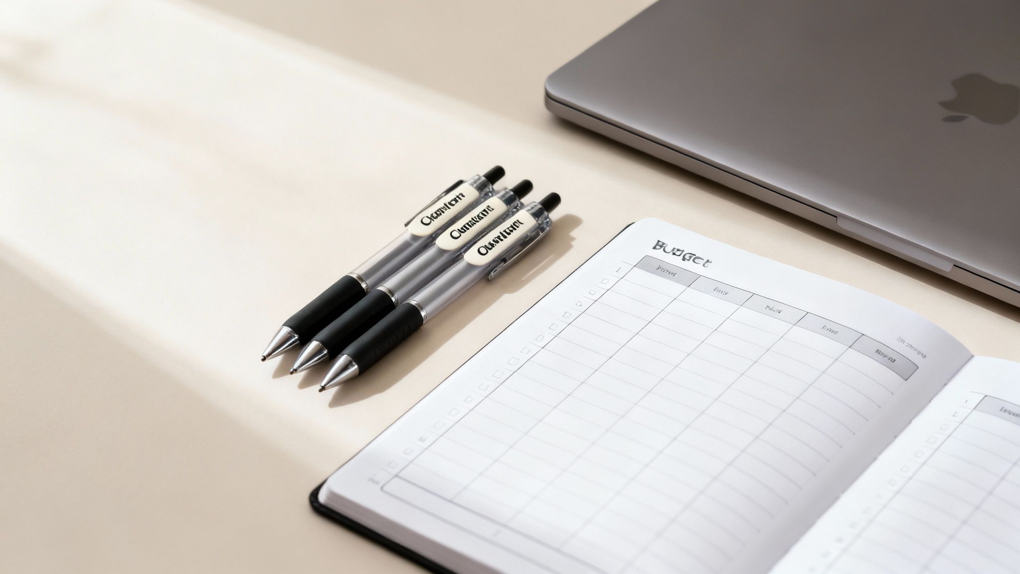 Three black and silver pens with an open budget planner and a laptop on a desk.