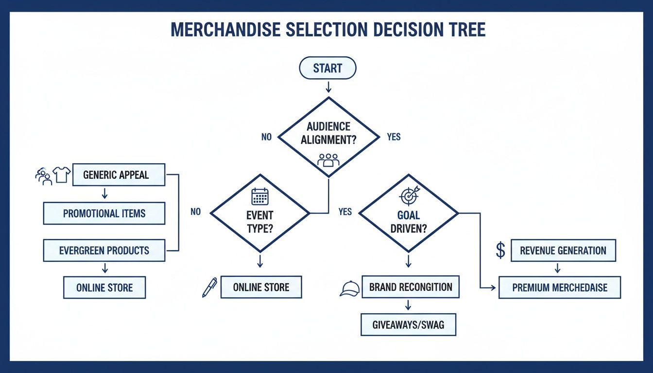 A merchandise selection decision tree flowchart showing options based on audience, event, and goals.