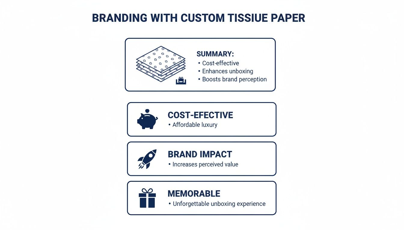 Infographic detailing the benefits of branding with custom tissue paper, emphasizing cost-effectiveness and an unforgettable unboxing experience.