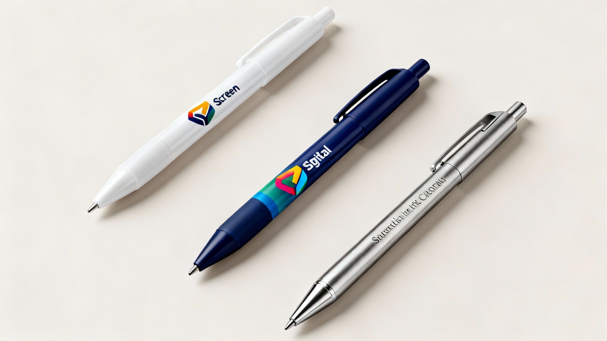 Three custom-branded ballpoint pens in white, blue, and silver, diagonally arranged on a light surface.
