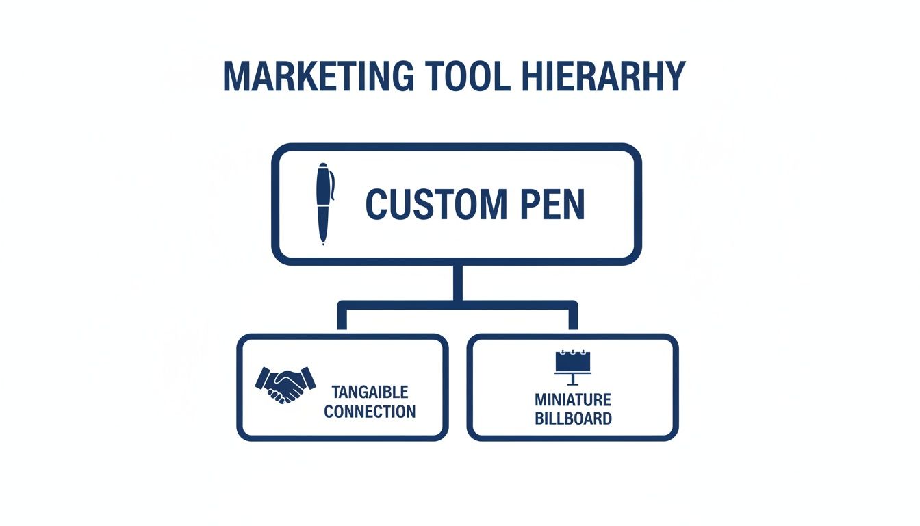 A marketing tool hierarchy diagram illustrating custom pens as a top-tier tool, linking to tangible connections and miniature billboards.