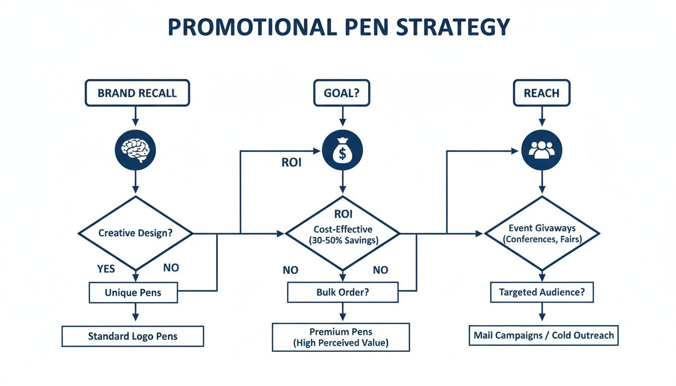 Flowchart outlining a promotional pen strategy based on brand recall, ROI goals, and reach for marketing.