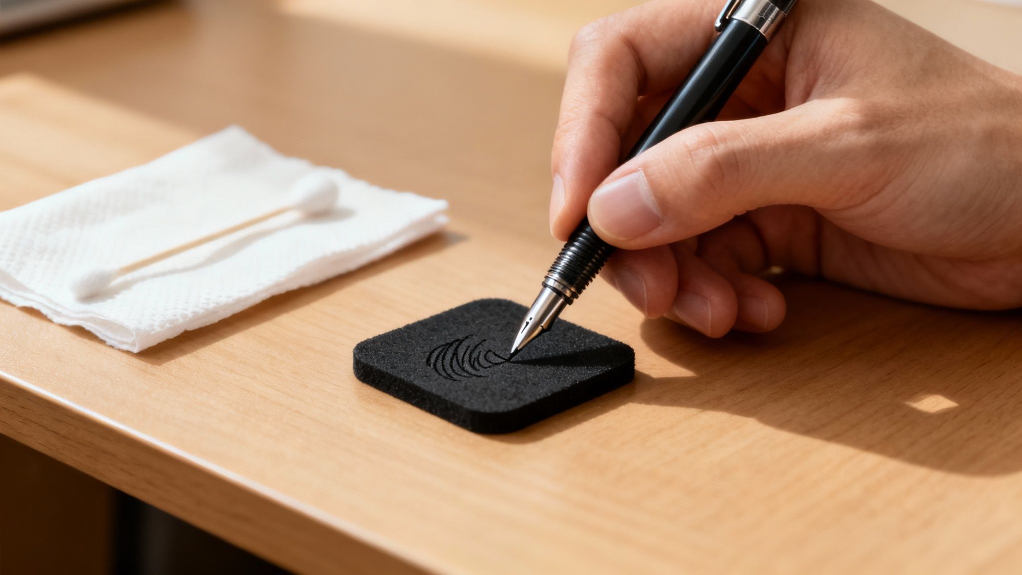 Hand testing a fountain pen nib on a black pad, with cleaning supplies on a wooden desk.