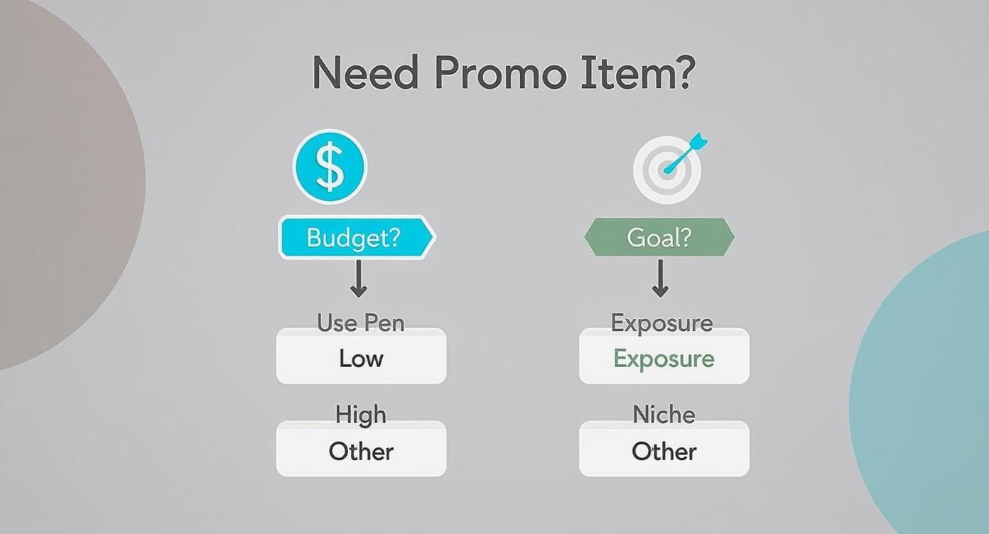Infographic decision tree asking about budget and campaign goals, leading to the conclusion to use a promotional pen for low budget and high exposure goals.