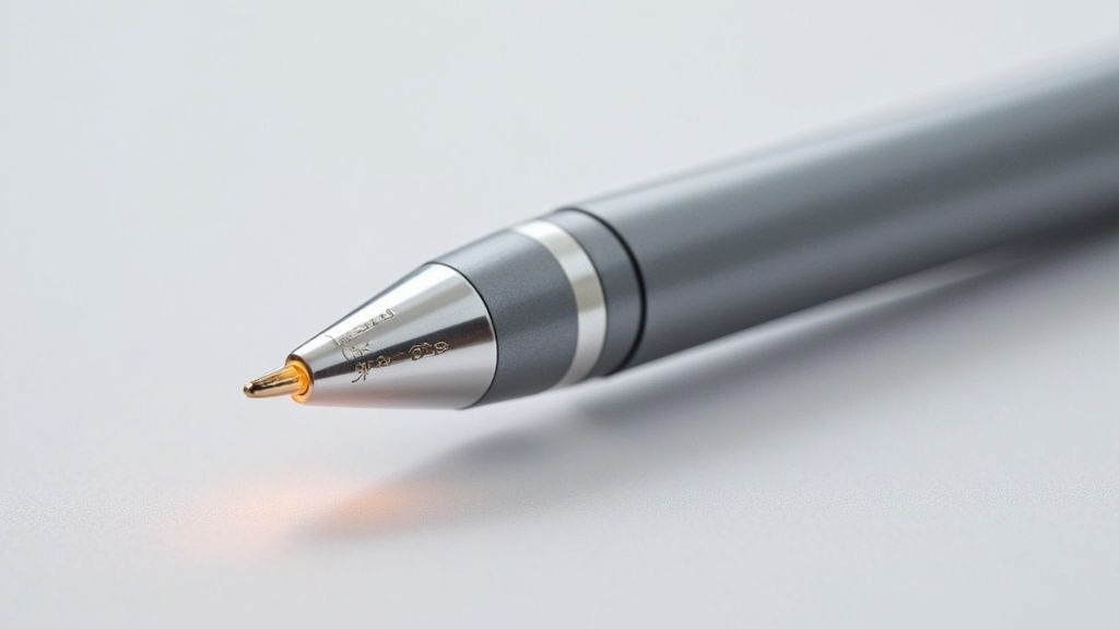 A hand holding a pen that lights up with a company's logo glowing brightly