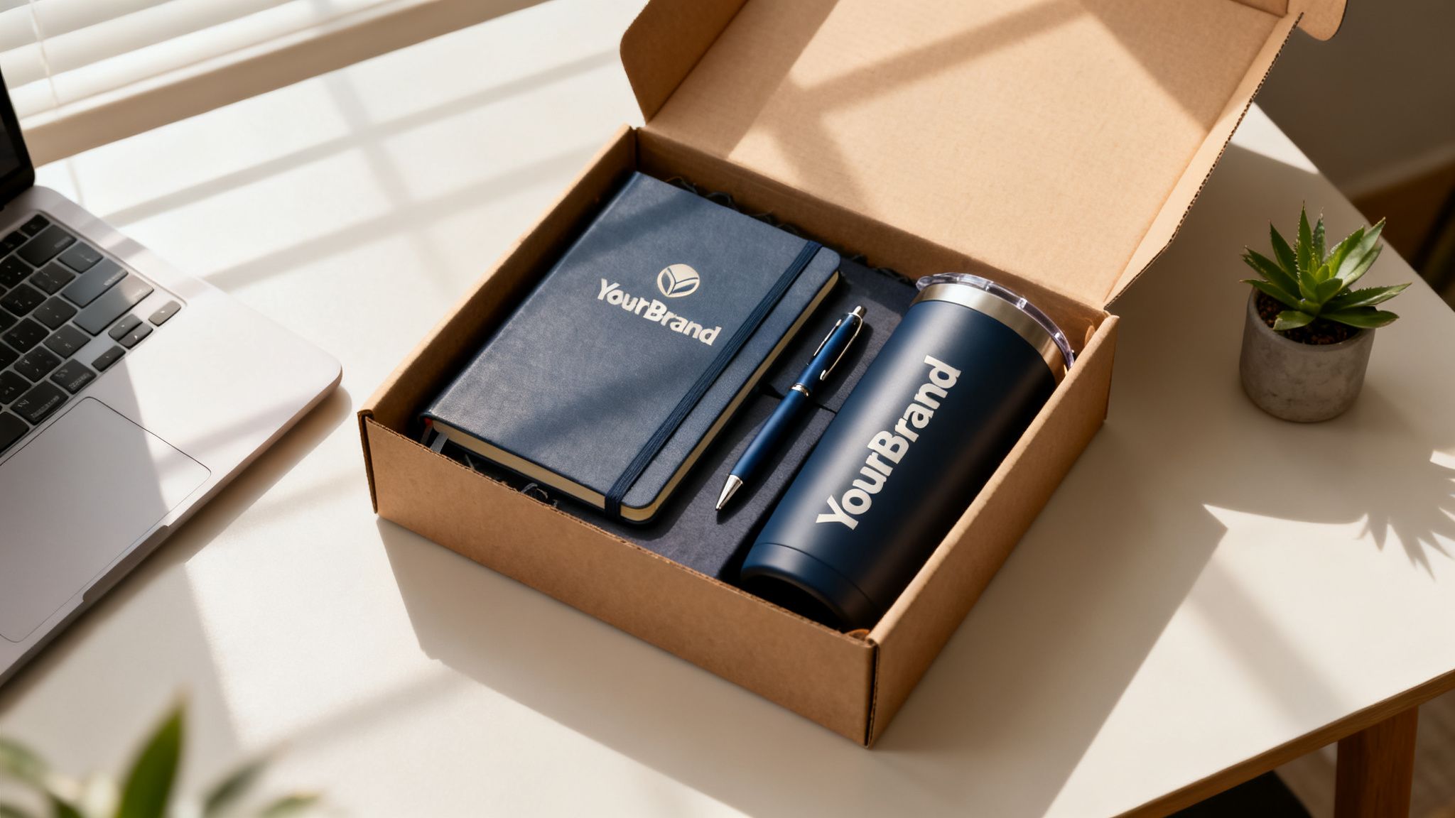 An open gift box on a desk showcasing navy blue branded notebook, pen, and tumbler.