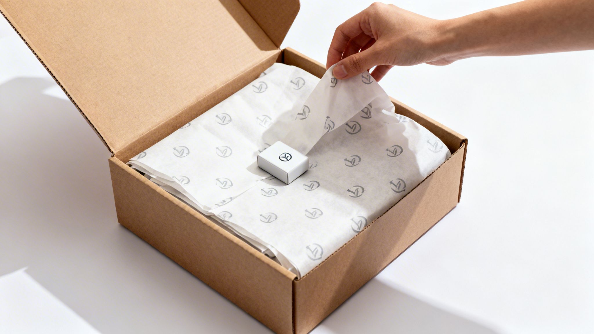 A hand opens a brown cardboard box, revealing custom logo tissue paper and a small white product box inside.