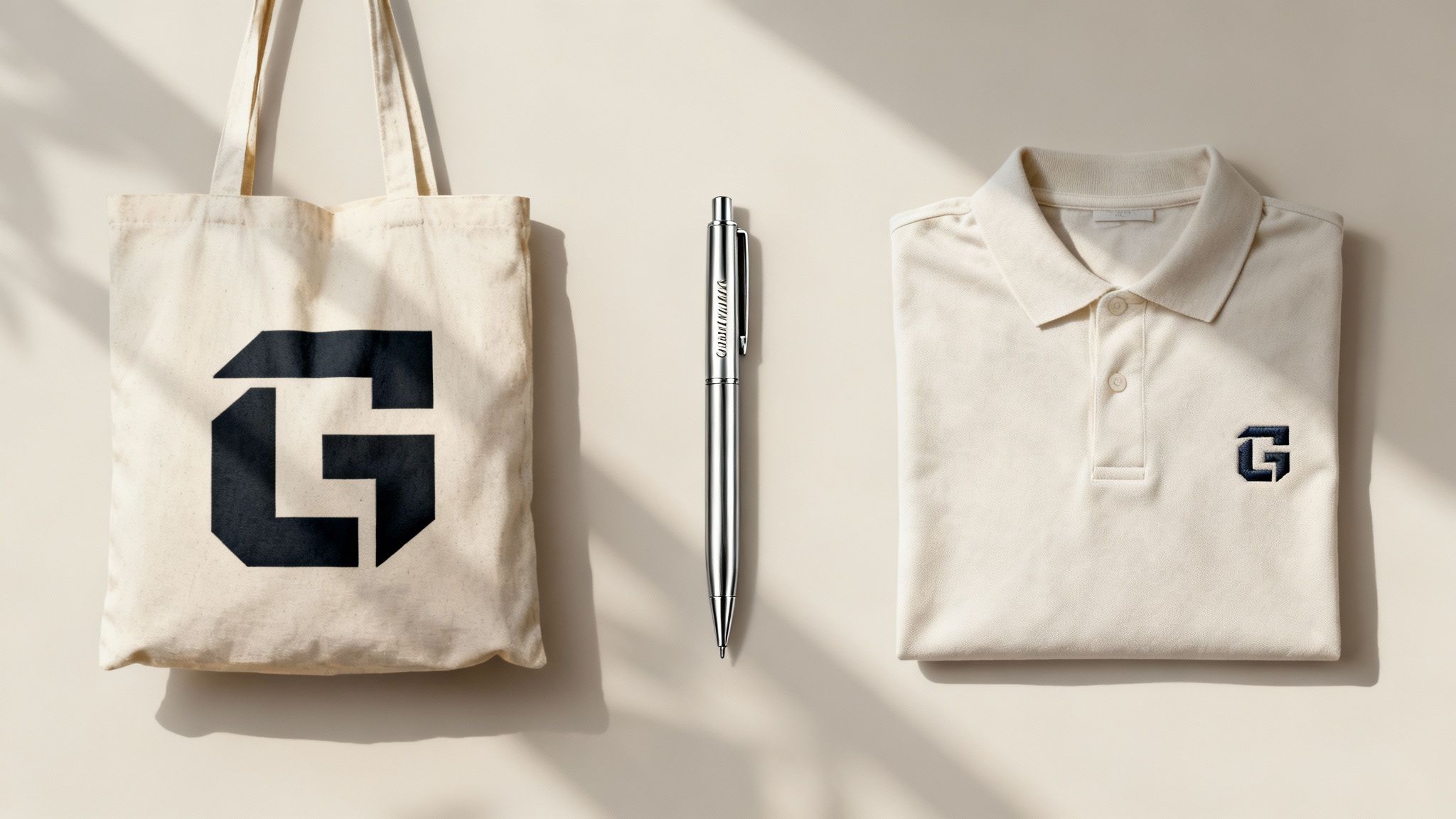 A flat lay of branded promotional items: a tote bag, a pen, and a polo shirt with a G logo.