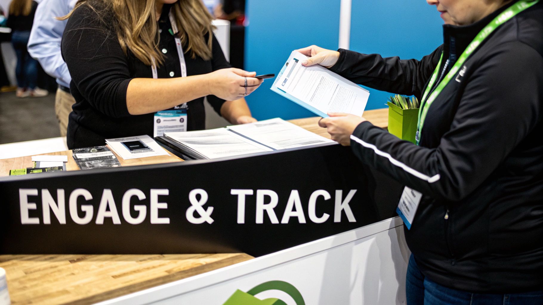 A person handing a promotional pen to an attendee at a busy trade show booth