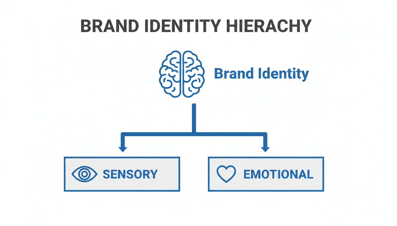 A diagram illustrating brand identity hierarchy, showing it branches into sensory and emotional components.