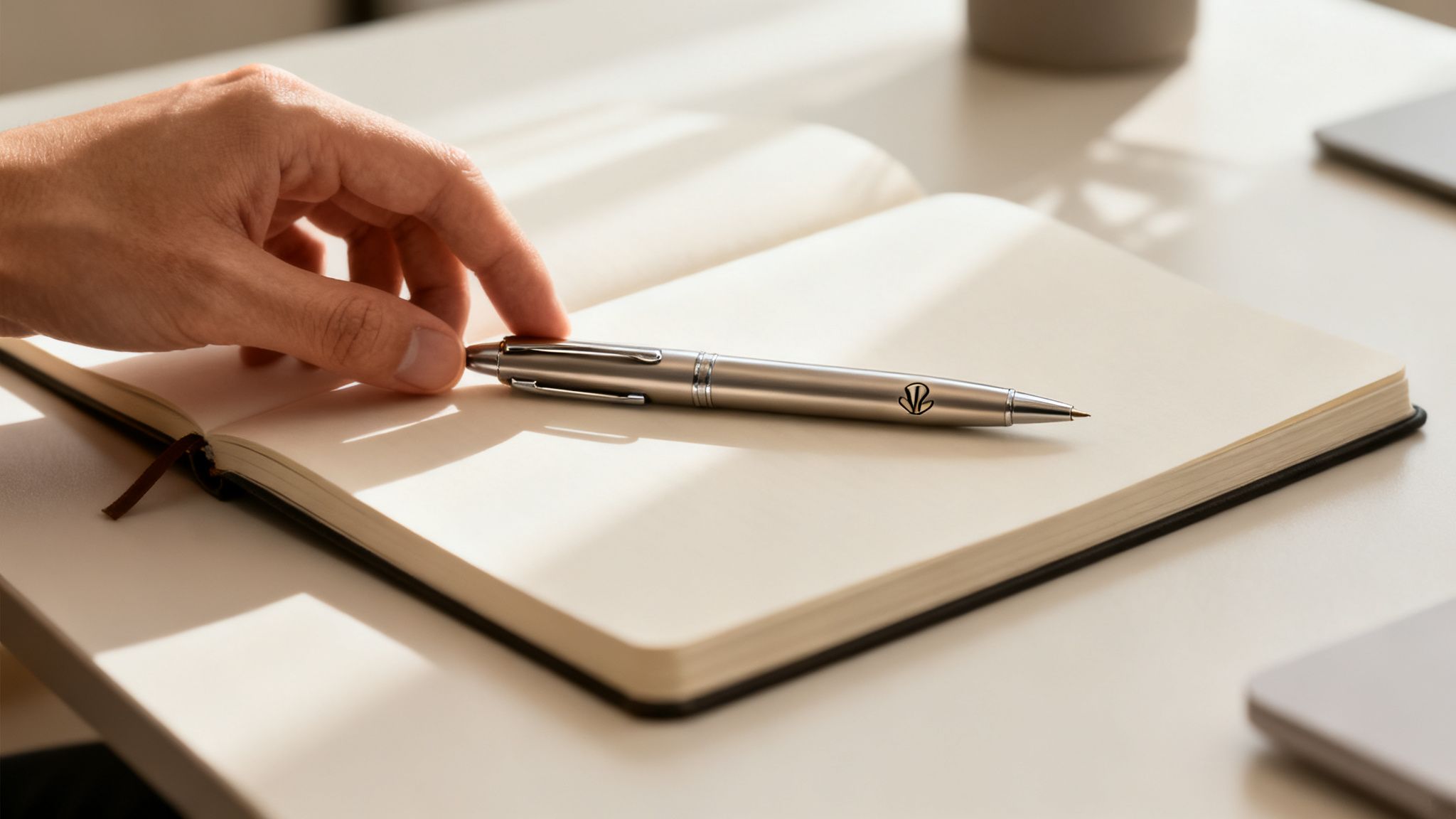 A hand is reaching for a sleek, personalized silver pen resting on an open, blank notebook.