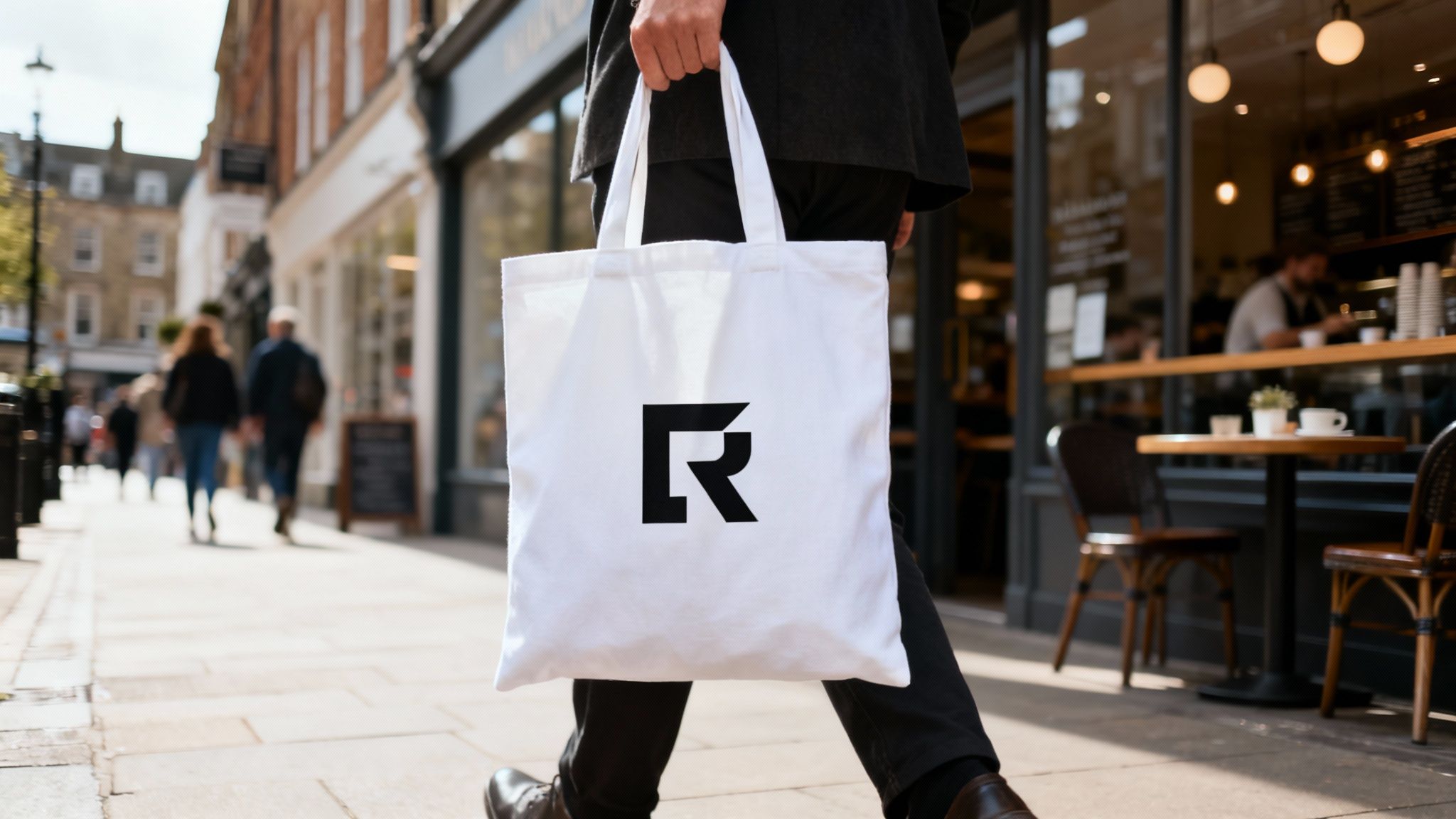 A person walks on a sunny street, carrying a white tote bag with a black 'R' logo.