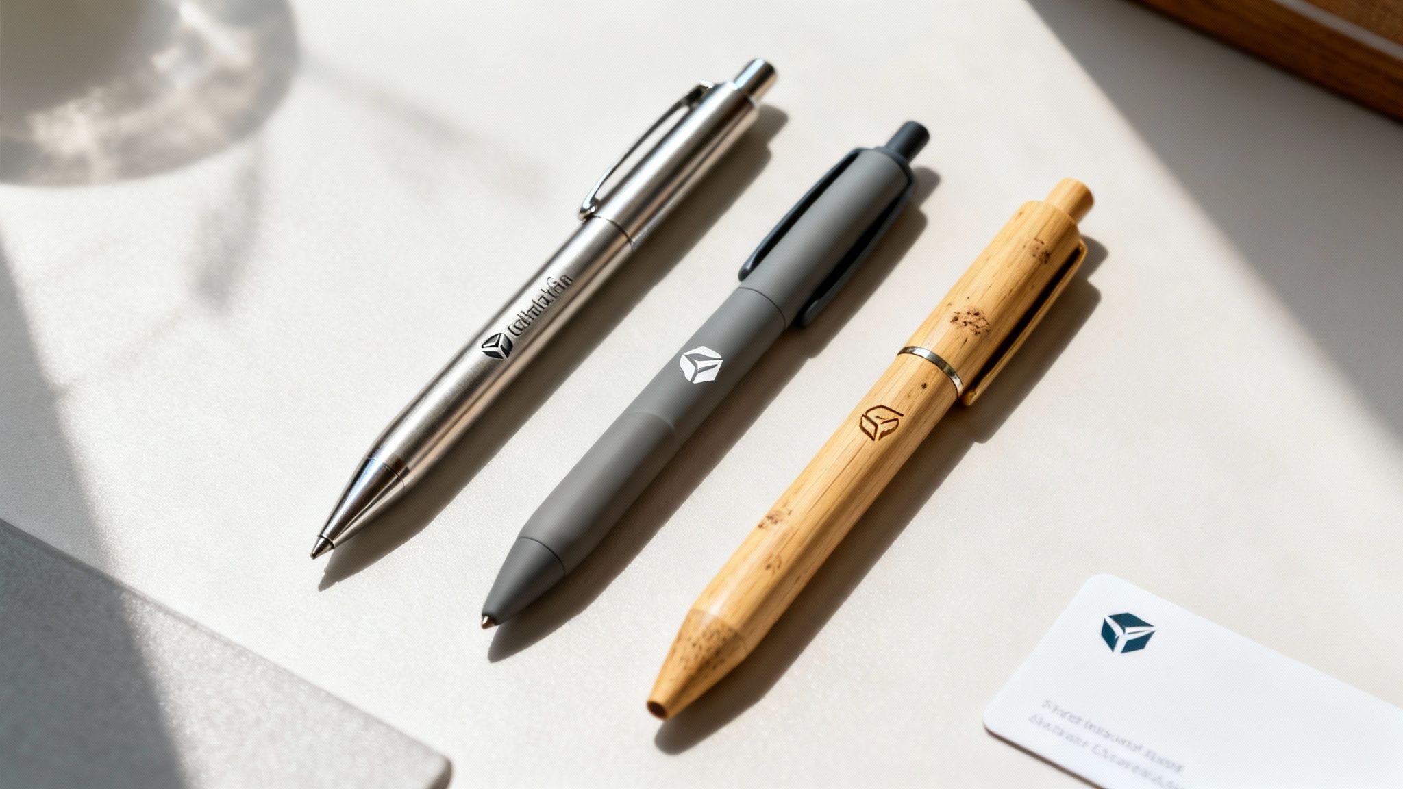 Three elegant pens made of metal, gray matte, and bamboo, all featuring a company logo.