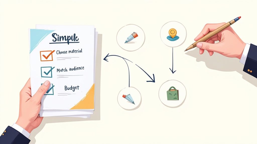 Business hands reviewing simple checklist for choosing eco-friendly promotional products with planning flowchart