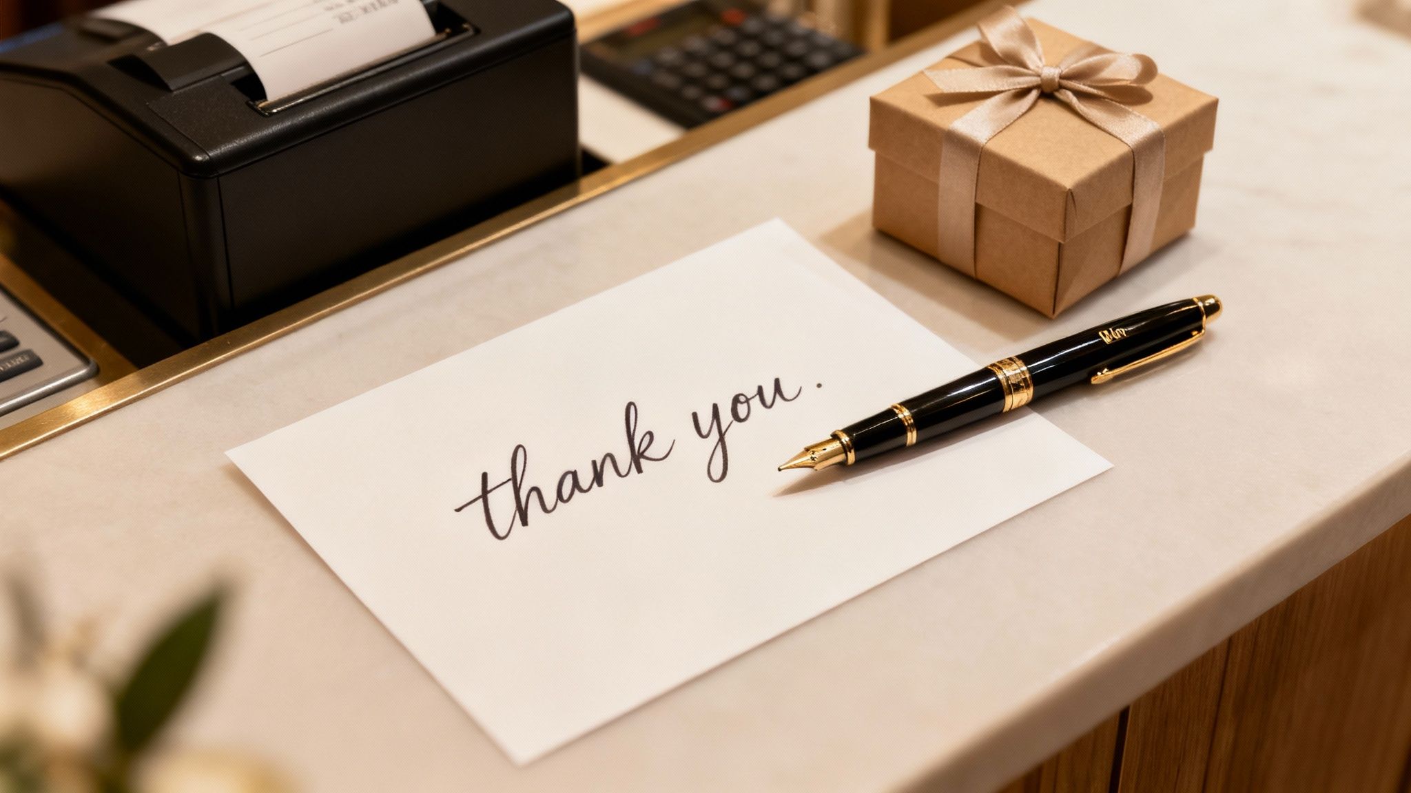 A thank you card and a fountain pen on a desk next to a gift box and a receipt printer.