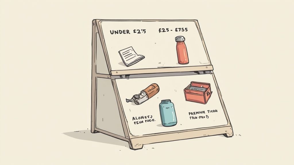 Display case showing corporate gift items organized by price range with premium business gifts