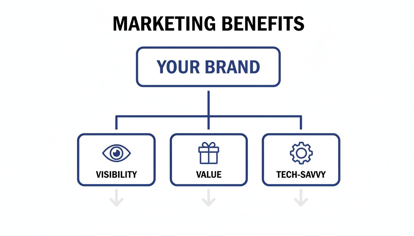 Diagram illustrating marketing benefits for a brand, including visibility, value, and being tech-savvy.