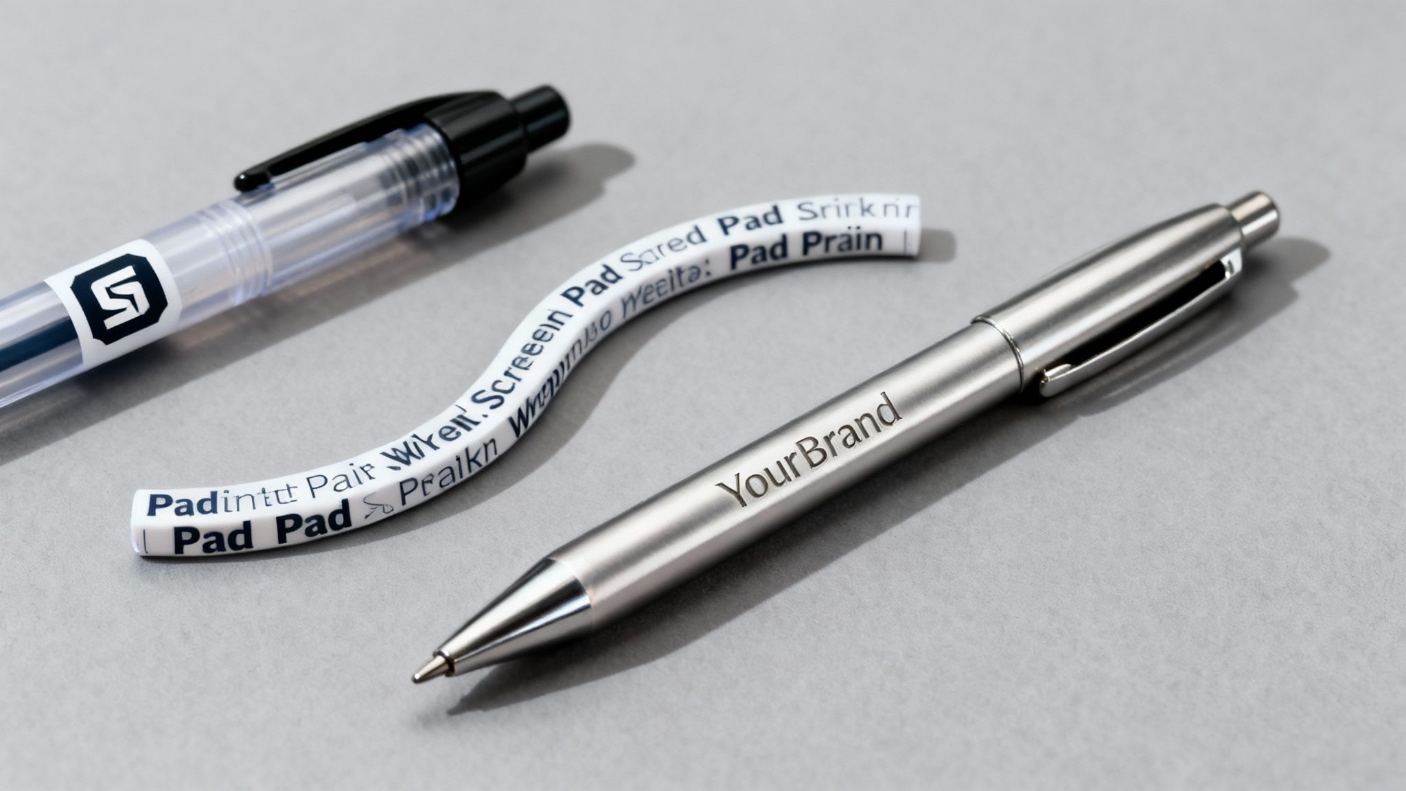 Two promotional pens, one transparent with a logo and one silver with 'YourBrand' engraving, on a gray surface.