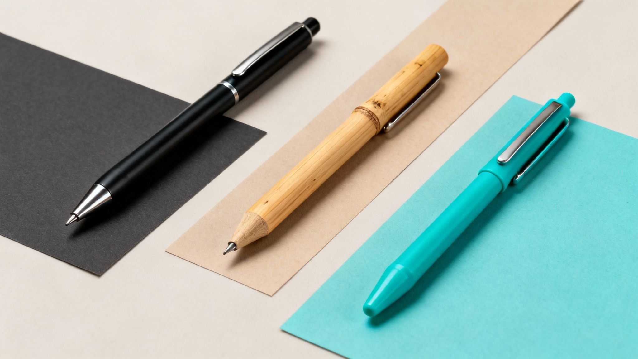 Three colorful pens, black, bamboo, and turquoise, lying on coordinating paper strips.